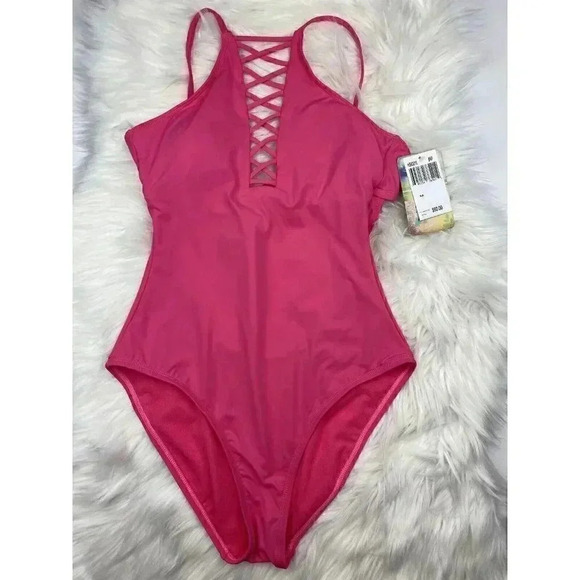 NWT $60 Hobie Women's Solid Strappy Lace up Front One Piece Swimsuit Pink Medium - Picture 2 of 9